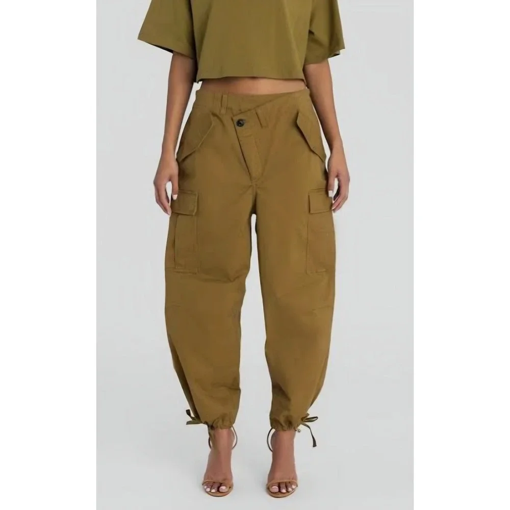 KBB by Kahlana Barfield‎ Brown Olive Green Cargo Pants Asymmetric Waist NWT L
